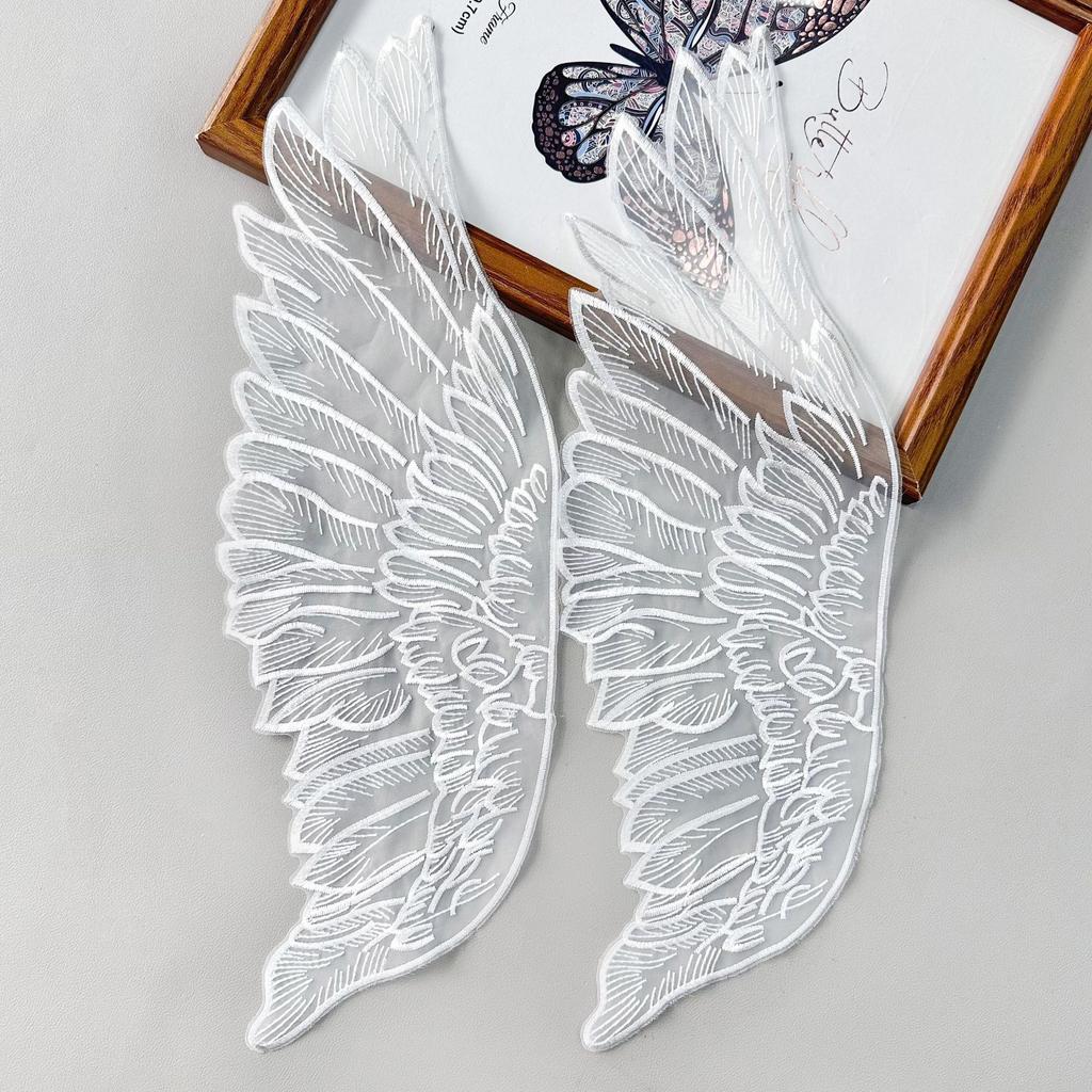 White Organza Big Wings Feather Lace Embroidered Cloth Sticker Dress Performance Clothes Clothing Accessories Decal Decoration