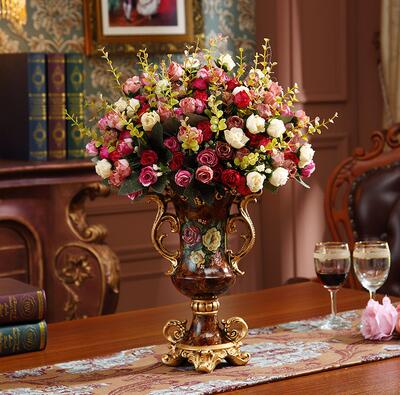 European Resin Vase+Artificial Flower Set Decor Home Livingroom Decoration TV Cabinet Cafe Flower Arrangement Flowerpot Crafts