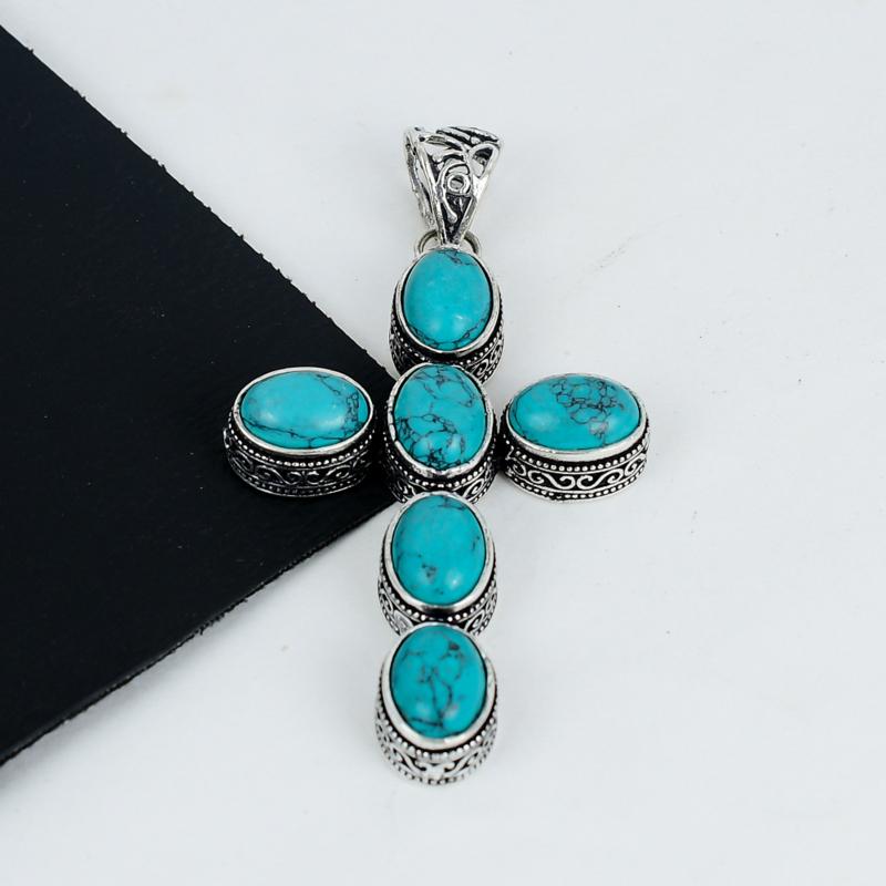 Natural Turquoise Gemstone Pendant 925 Sterling Silver- Handmade Cross Design, Everyday Wear Jewelry, Unique Turquoise Pendant Gifts