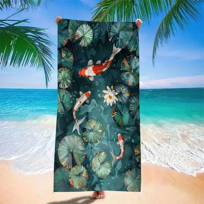 Koi Fish Lotus Beach Towel - Super Absorbent Quick Dry Microfiber, Zen Style Sand-Free Blanket for Picnic & Outdoor Relaxation