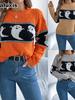 Autumn Halloween Theme Ghost Color Block Long Sleeve Crewneck Sweater Women's Clothing