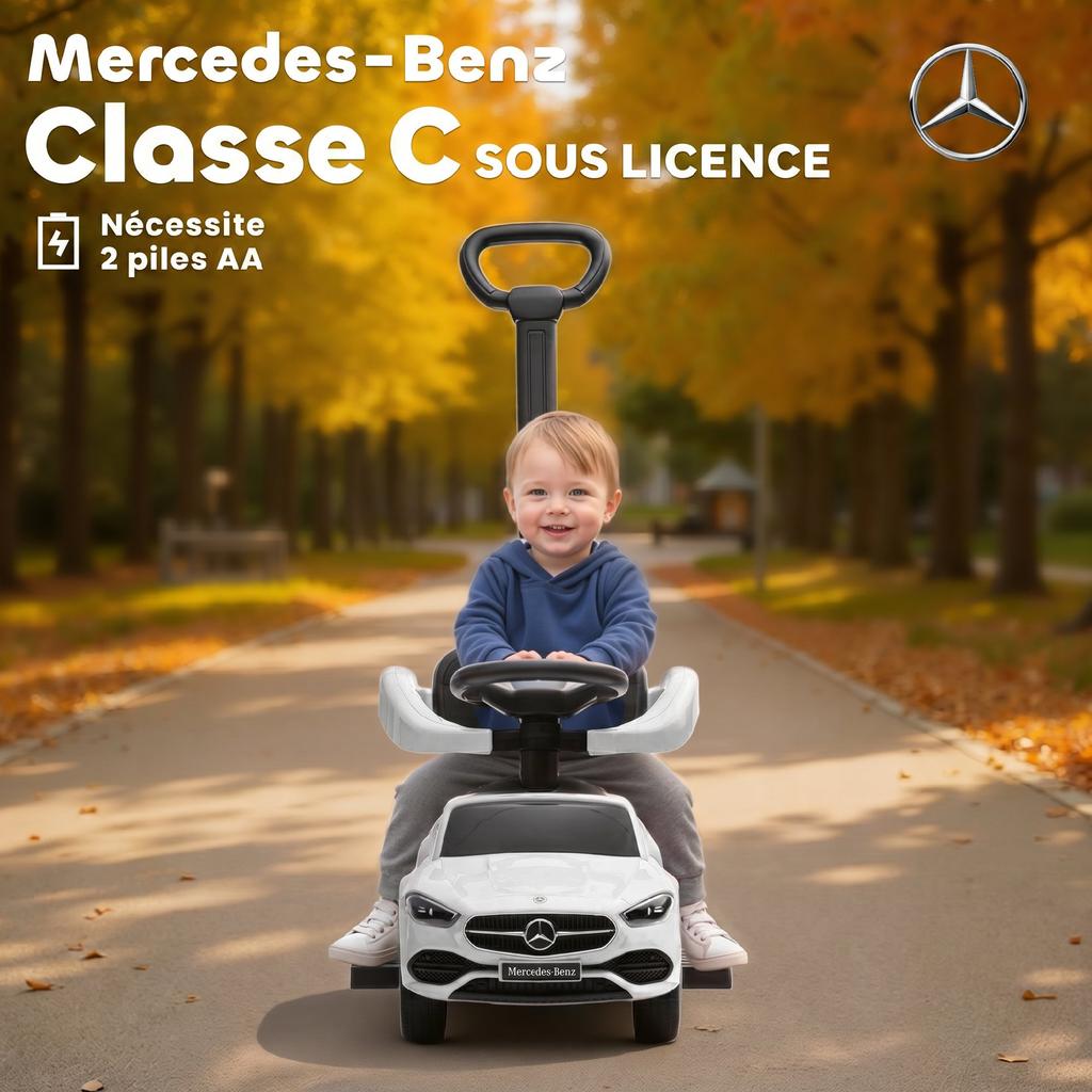 Ride-On Toy for Children, Licensed Mercedes-Benz, Push Car, Removable Handle, 91 x 40 x 83 cm, White