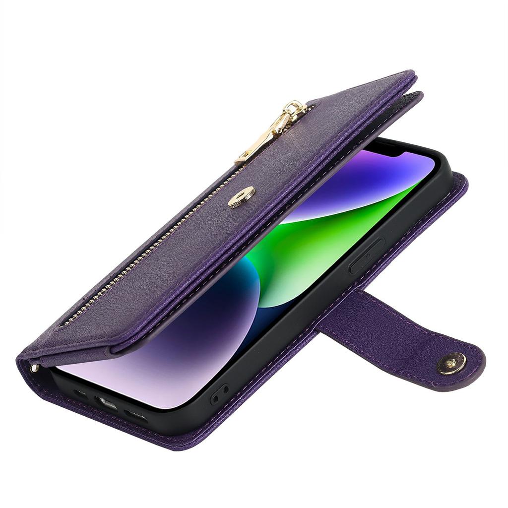 For iPhone 14 Plus Stand Case PU Leather Phone Cover with Straps/Zipper Wallet/Multiple Card Slots