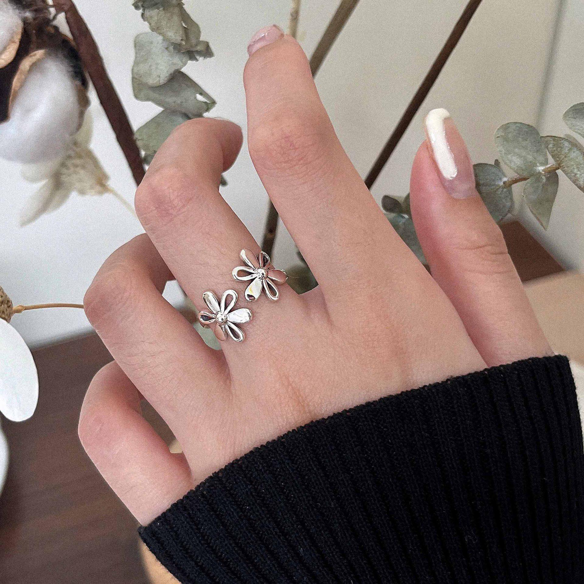 

S925 Sterling Silver Open Flower Ring - Women s Versatile Korean Retro Design