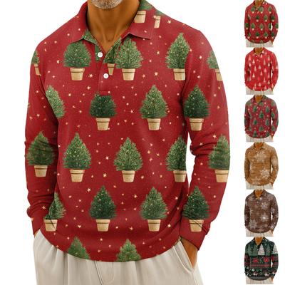 Men's Casual Christmas Print Button Long Sleeve Shirt