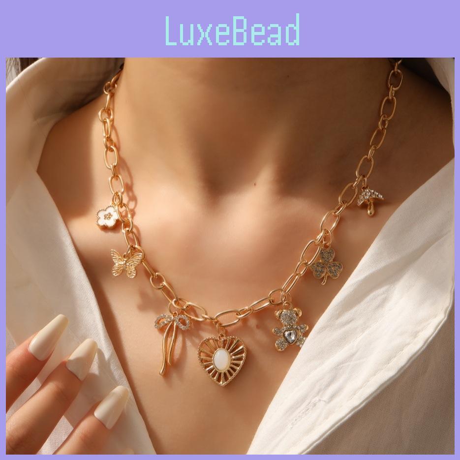 Heart Pendant Necklace For Women With Butterfly Bow And Clover Charm In Silver Plating