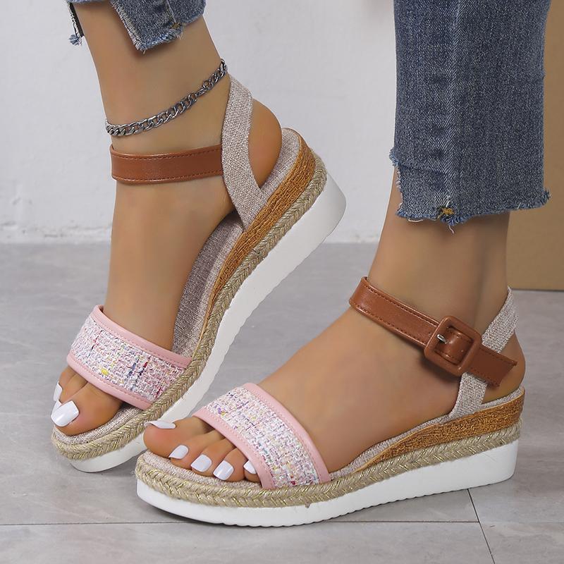 

Lucyever Летние сандалии на танкетке в стиле пэчворк для женщин 2024 года, сандалии на платформе с пряжкой на щиколотке, женские повседневные нескользящие сандалии больших размеров 35 розовый