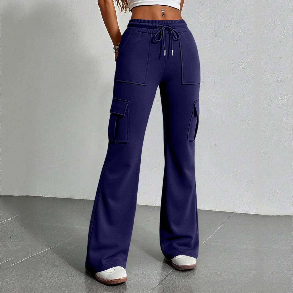 Women's High Waist Drawstring Casual Flared Pants with Pockets Loose Fit Wide Leg Trousers Elastic Waistband