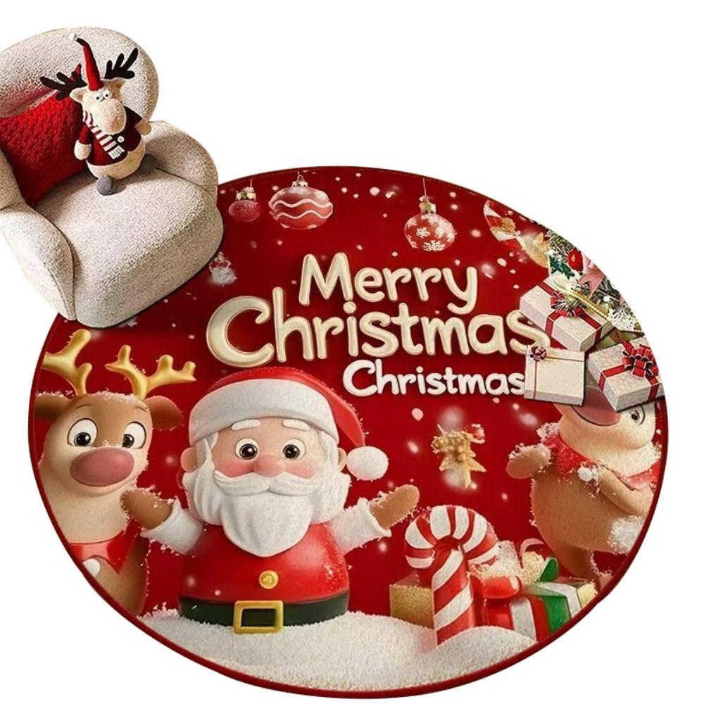 Santa Claus Polyester Christmas Round Mat Snowflake Print Snowman Cartoon Round Rug Anti-Slip Round Carpet Home Decor