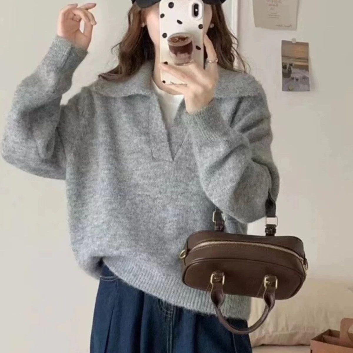 

Женский французский ретро вязаный свитер: Мягкий, Свободный, Отложной воротник, Повседневный стиль для осени/зимы. L (105-115 jin)