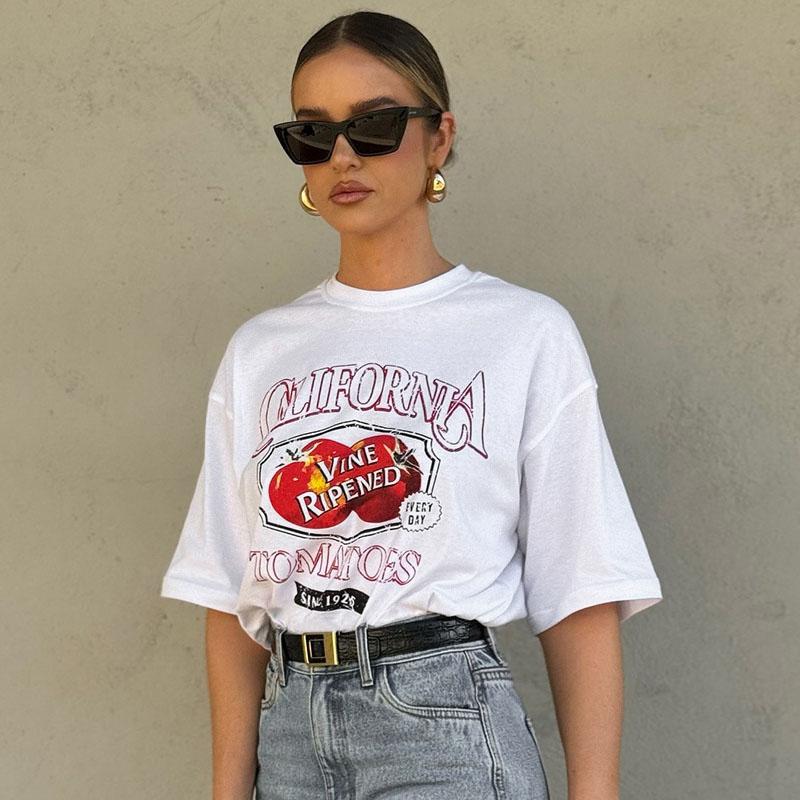 

Повседневная летняя женская футболка с круглым вырезом, модный дизайн, напечатанный буквами, короткий рукав, свободные топы, винтажная женская одежда XL белый