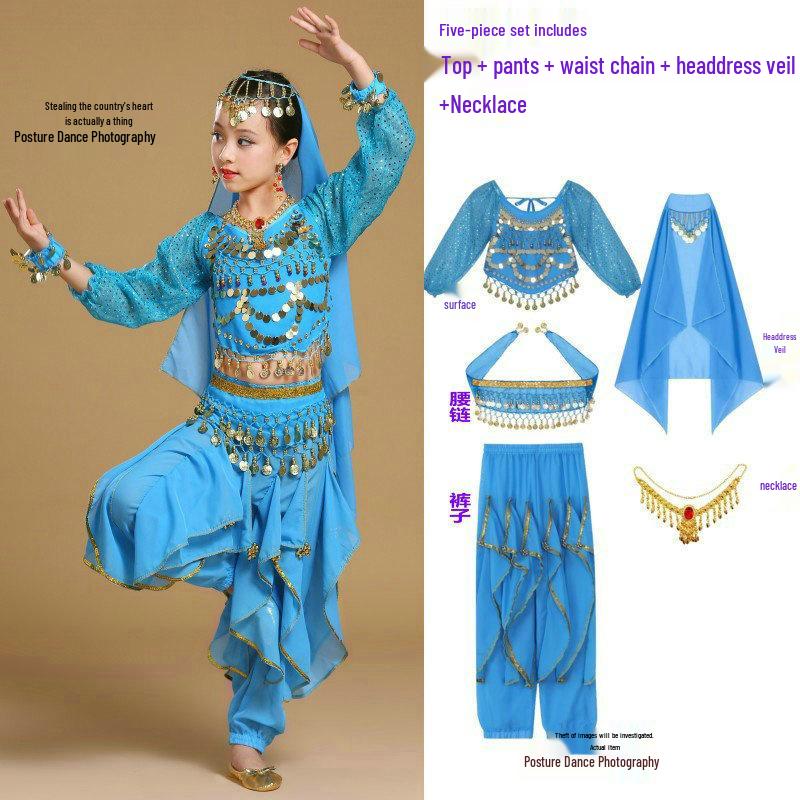 Costume da Danza Indiana per Bambini: Costume per Esibizione di Danza del Ventre e Minoranze dello Xinjiang per Bambina