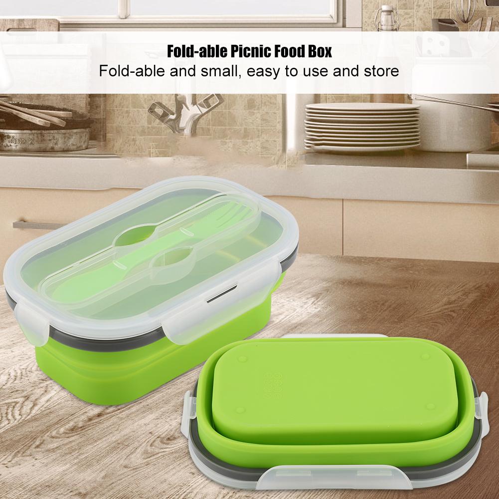 Silicone Lunch Picnic Food Fruit Box with Fork Fold able Telescopic Stretchable Container