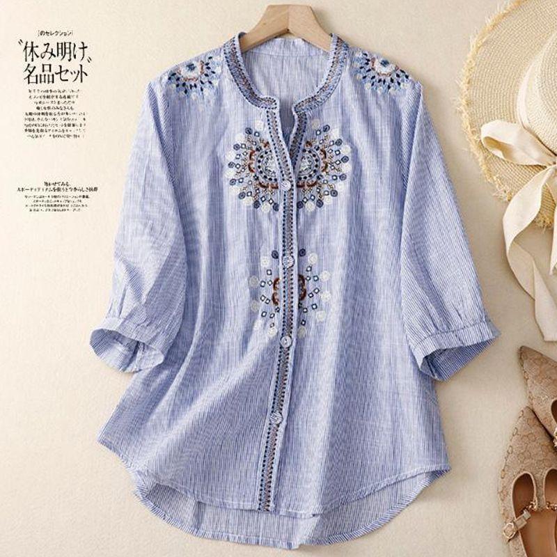 

Летняя женская хлопковая льняная блузка с вышивкой, полосатая рубашка, блузка с вышивкой и половиной рукавов, топ M синий
