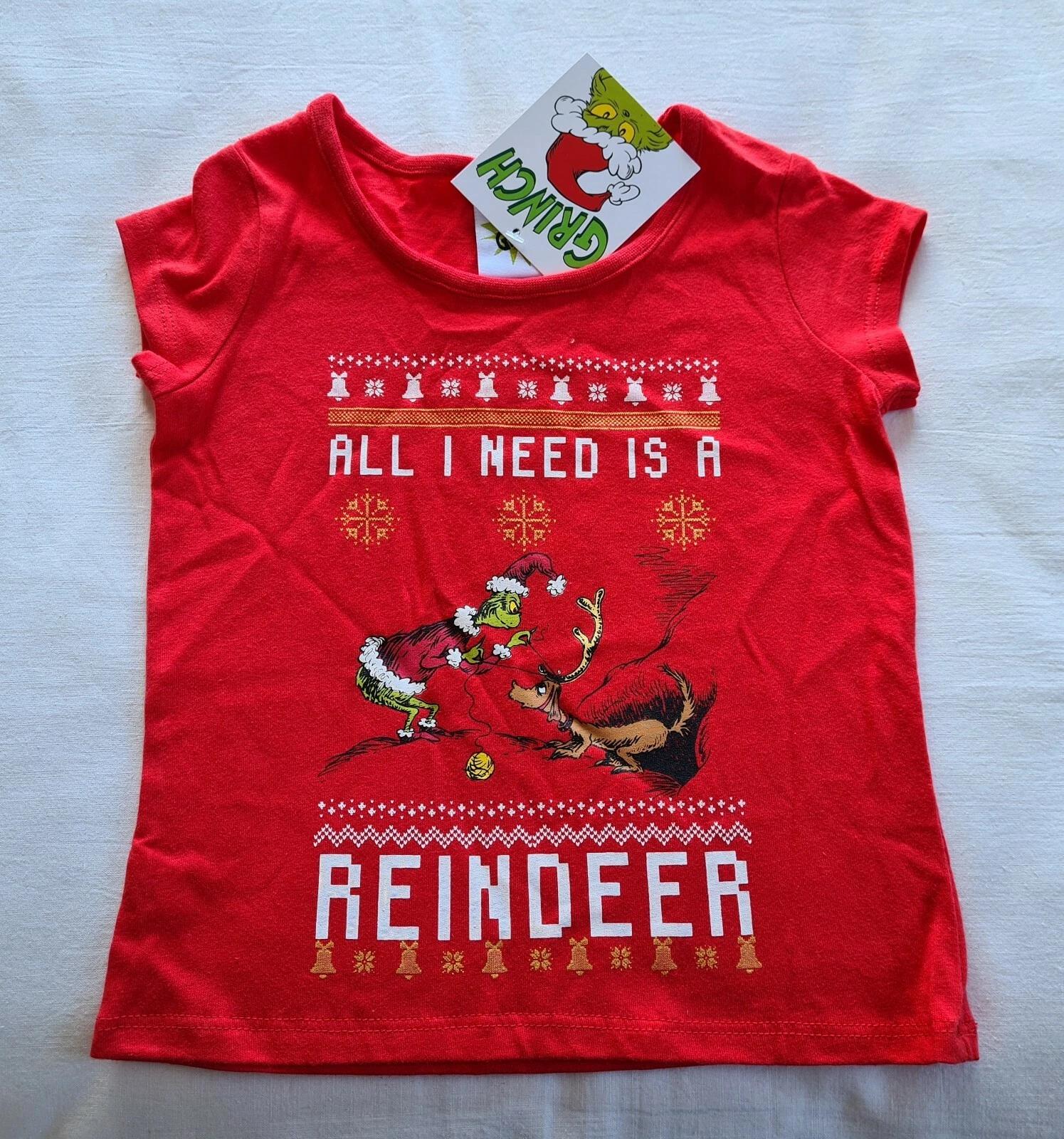 

Dr Seuss The Grinch Girls Red Reindeer Printed Short Sleeve T Shirt Size 1 New S