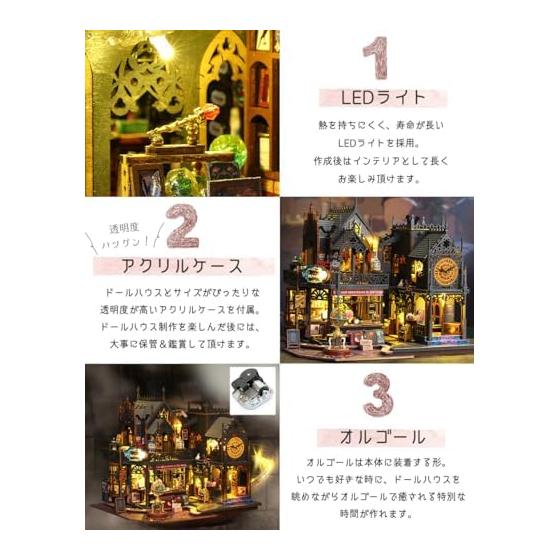 moin moin 1/24 Dollhouse Miniature Handmade Kit Set Magic City [English Instruction Manual] Magic Castle Cat Black Shop Hotel | LED Light + Acrylic