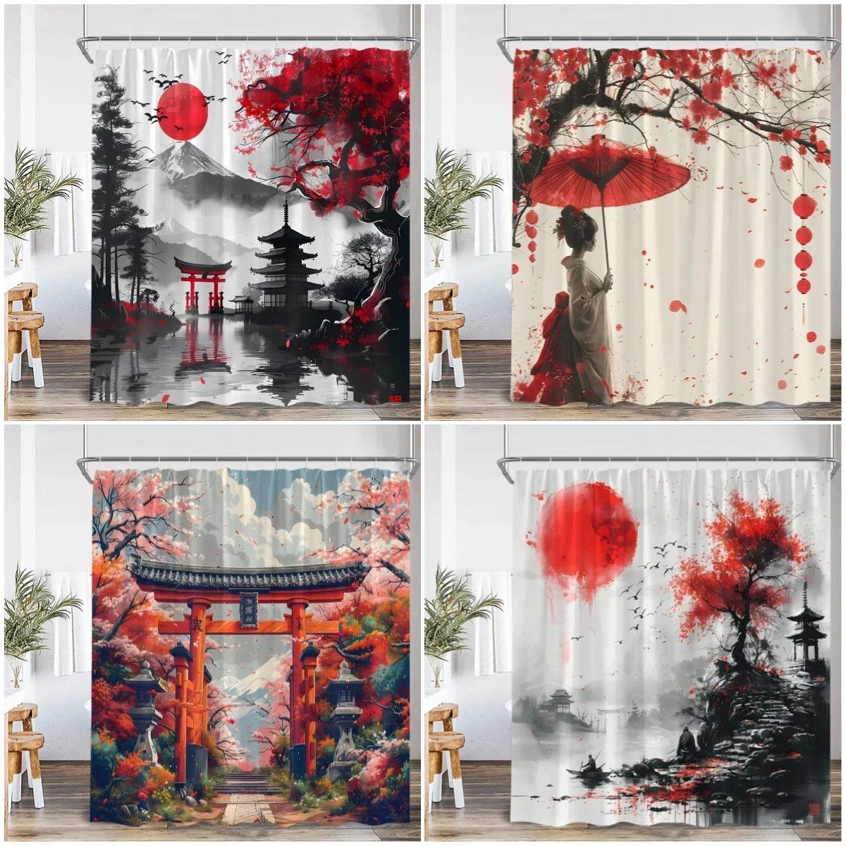 Monika Chen Red/Pink Samurai Geisha Japanese Style Ink Painting Shower Curtain Japan Shrine Sun Mountain River Cherry Blossom Bath Curtain