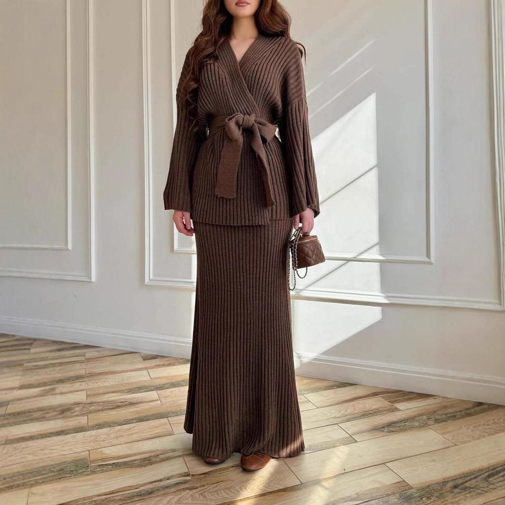 2025 Autumn Women's V-neck Lace-up Knit Bodycon Dress