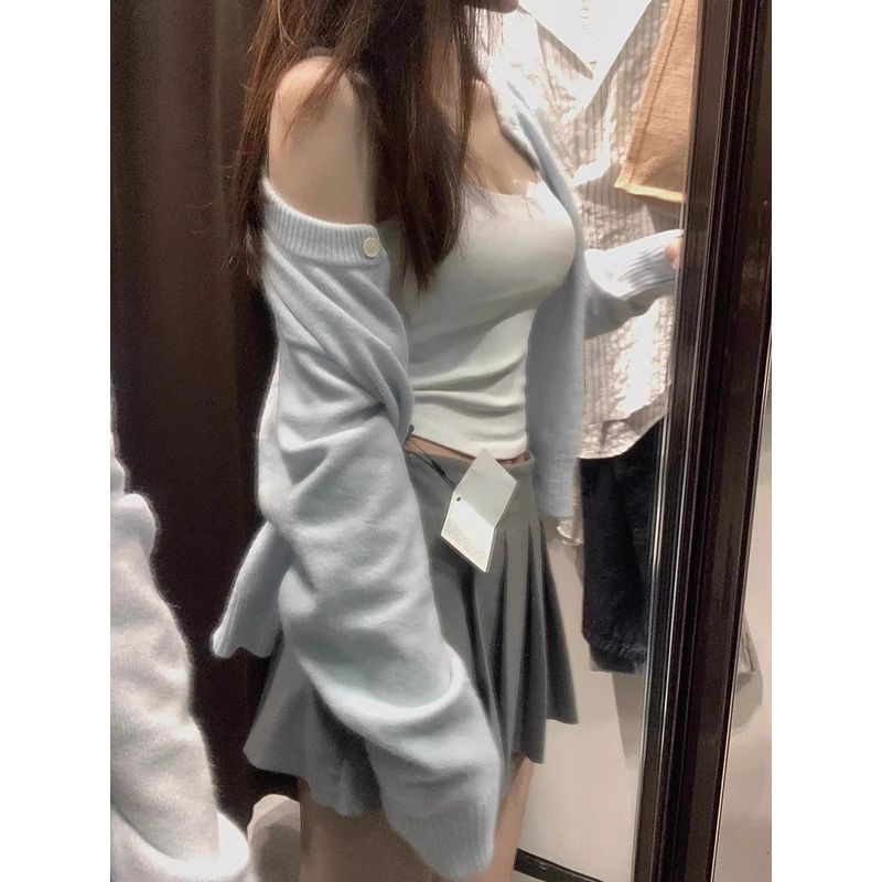 

Корейский стиль хип-хоп синий вязаный женский плащ весна и осень праздный стиль мягкий клейкий нежный повседневный все сочетающийся кардиган топ Blue S