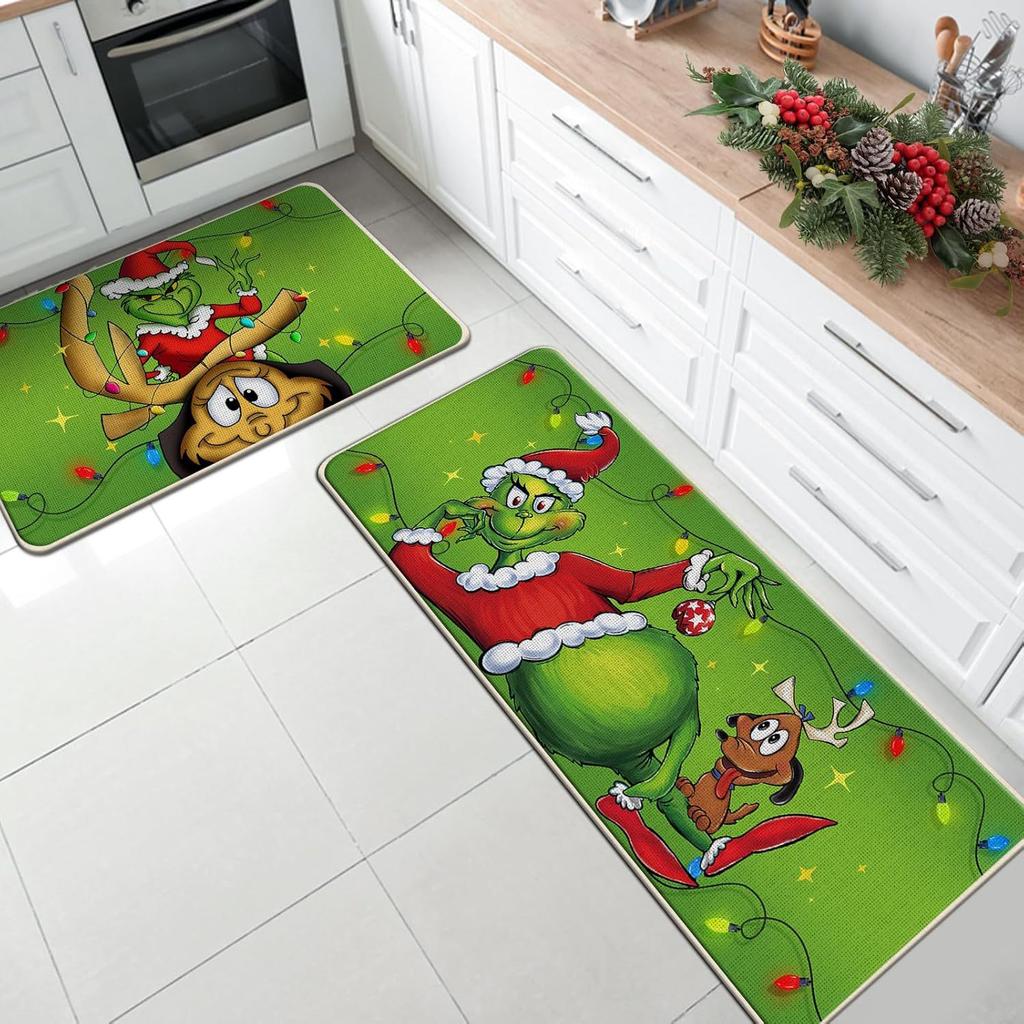 Christmas Kitchen Mat Household Kitchen Water-Absorbing And Dirt-Resistant Long Strip Two-Piece Set Foot Mat Decorative Floor Mat