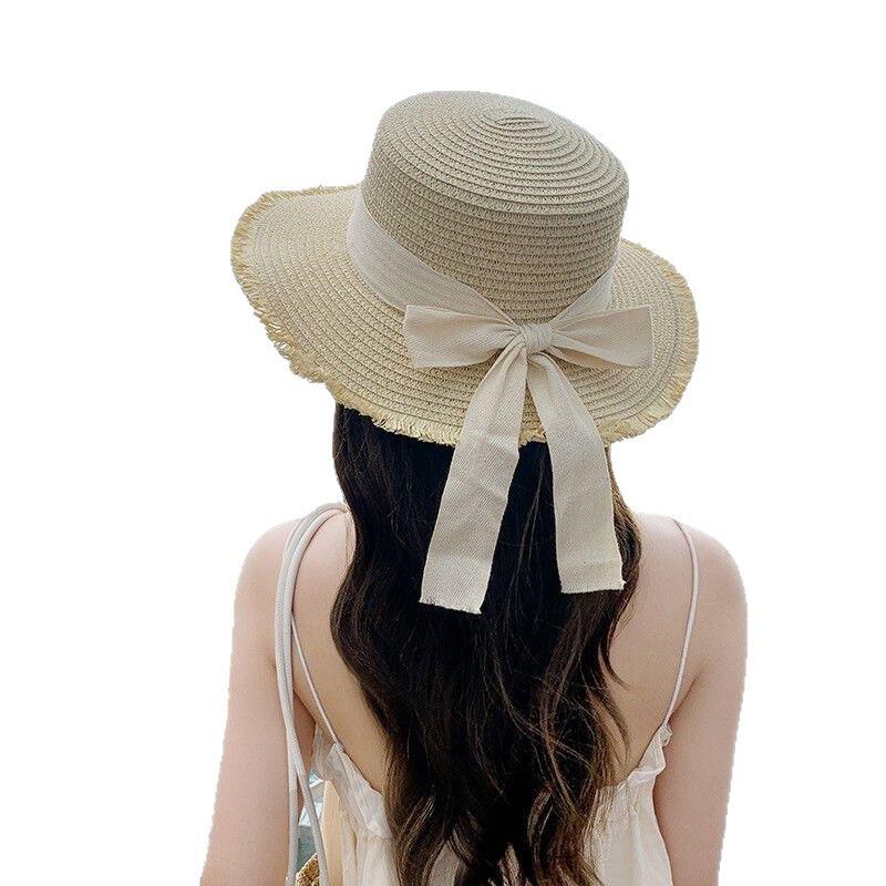 Bow Burr Edge Flat Top Straw Hat Women's Summer Seaside Beach Vacation Japanese Hawaiian Sun Woven Visor
