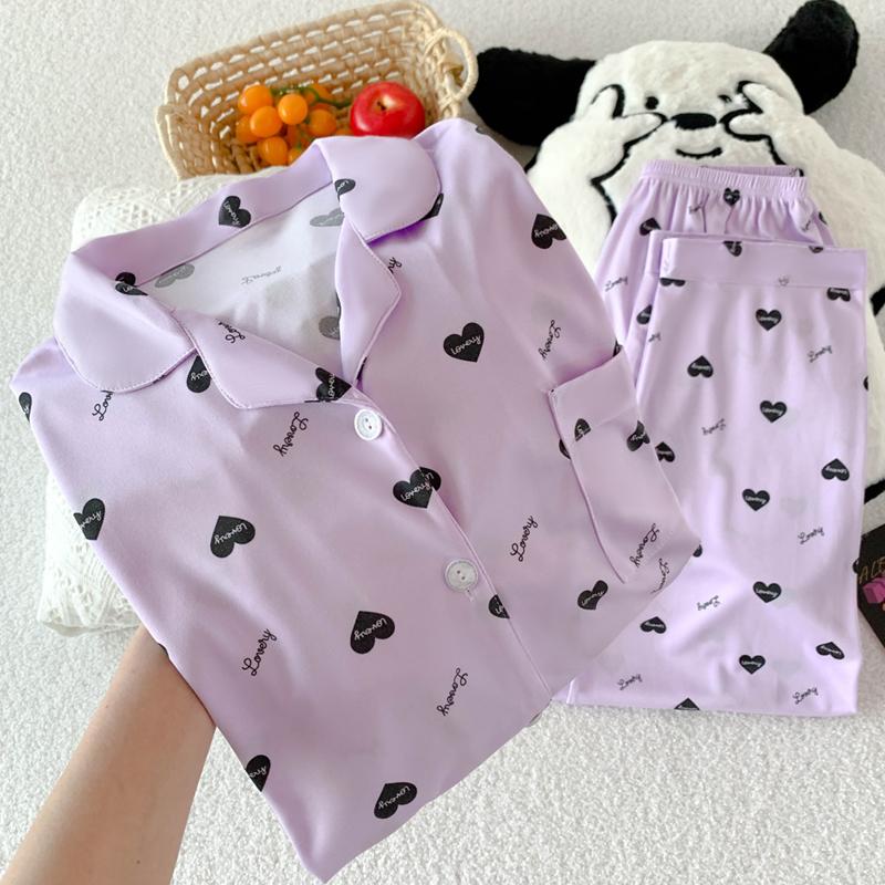 Pijama Coração Roxo Primavera Outono para Mulheres Moda Manga Comprida tops e Calças roupa de dormir Elegante de Alta Qualidade Confortável Lapela Roupa de Descanso
