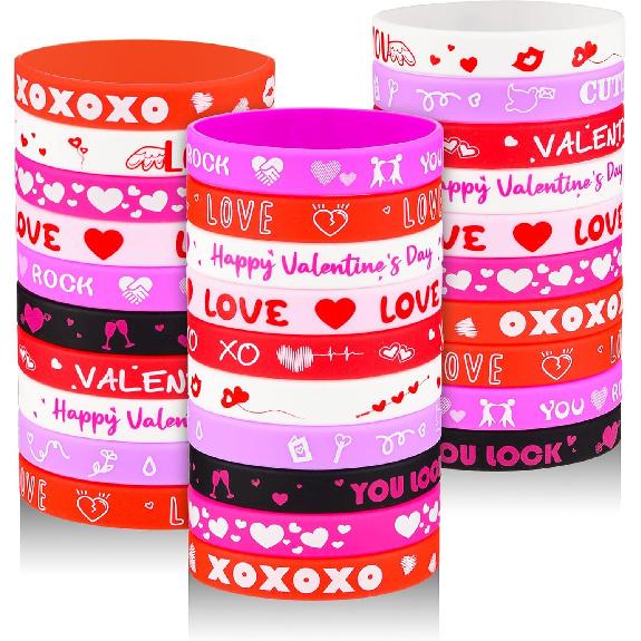 30pcs Valentines Day Rubber Bracelet Bulk Colorful Silicone Wristbands for Women and Kids Valentine Party Favors Supply Classroom Gifts