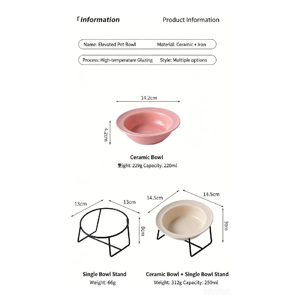 Cute 15° Tilted Ceramic Cat Bowl Double Pet Feeder Bowl with Iron Stand Anti-slip Elevated Food Water Bowl for Small Dogs Cats