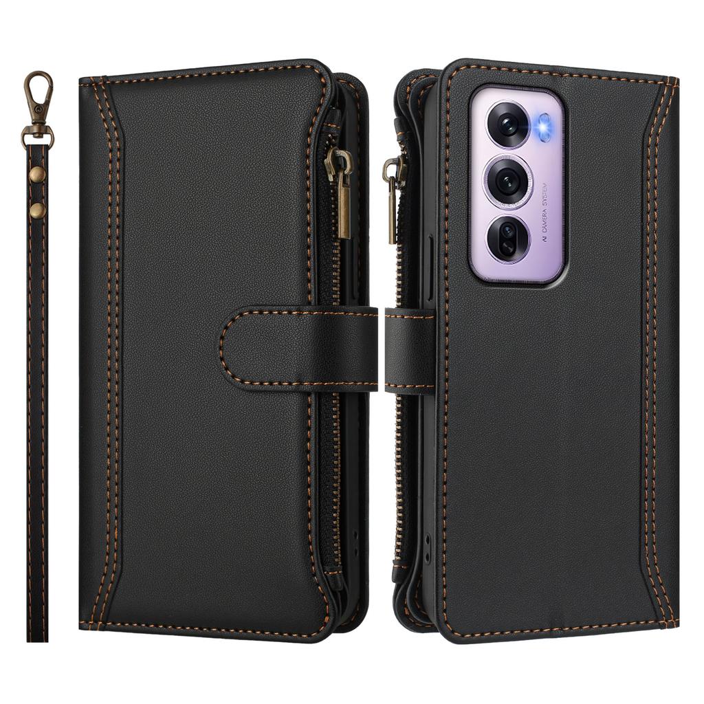 Für Oppo Reno12 Pro 5G (China)/Oppo Reno12 Pro 5G (Global) Lederhülle 9 Kartenfächer Reißverschluss-Geldbörse Ständer Handyhülle mit Handschlaufe