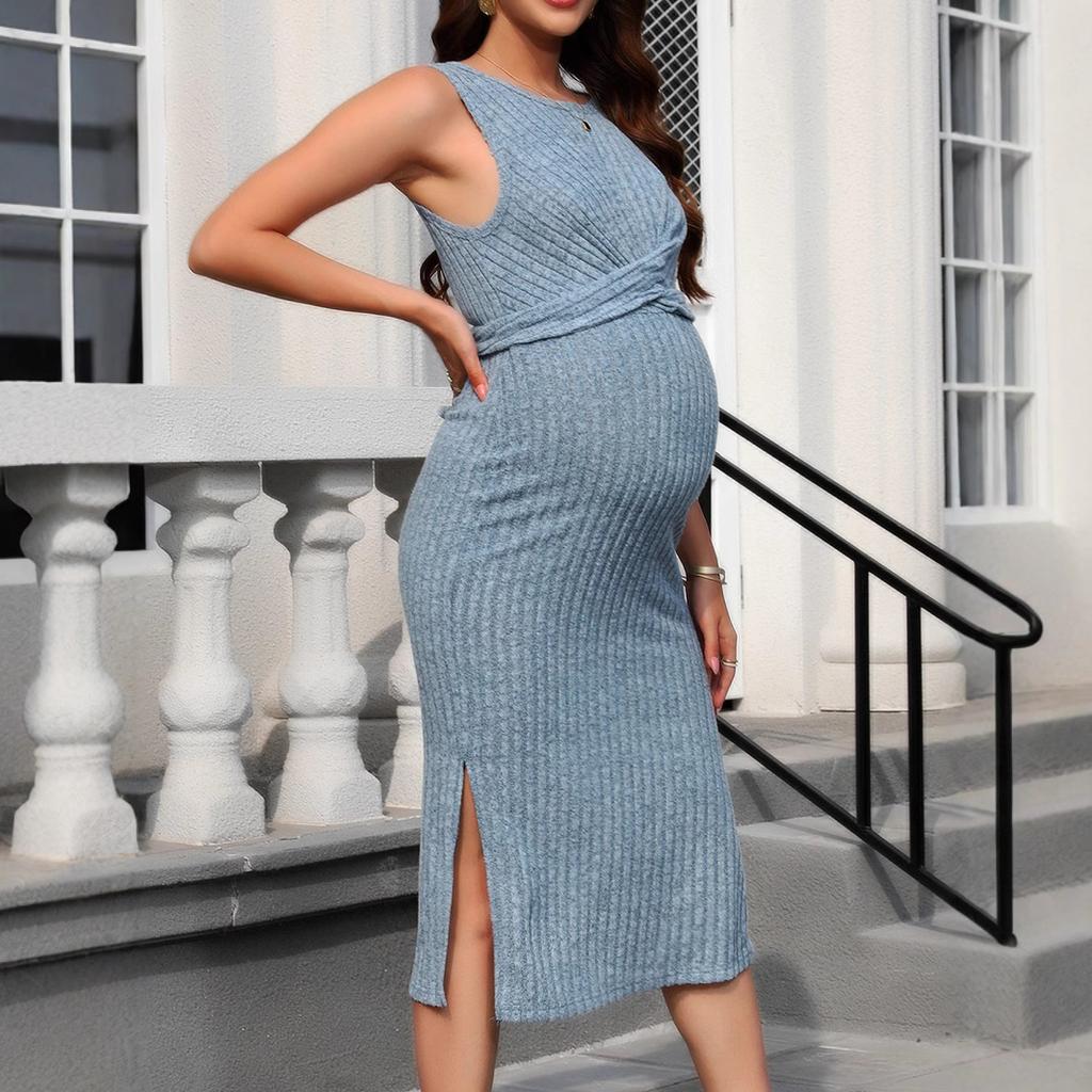 QICED Débardeur de printemps à col rond avec une poitrine nouée et lacée, une robe de maternité élégante, moulante et épousant les formes du corps