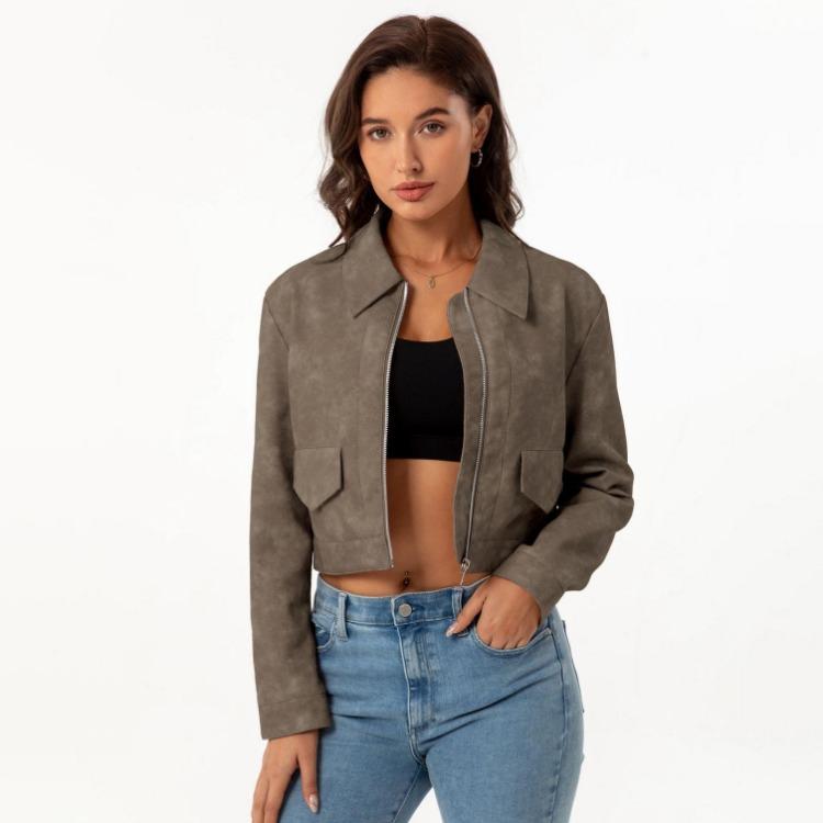 Women Fashion Slim Fit Pu Leather Jacket Long Sleeve Lapel Collar Zipper Outerwear for Fall Winter