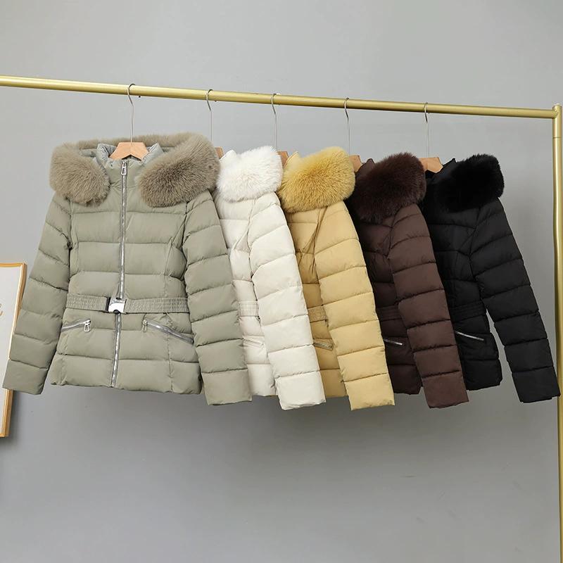 Hooded Collar Puffer Jacket Women Winter Large Fur Coat Women with Belt Warm Loose Parka Ladies Cotton Padded Overwear