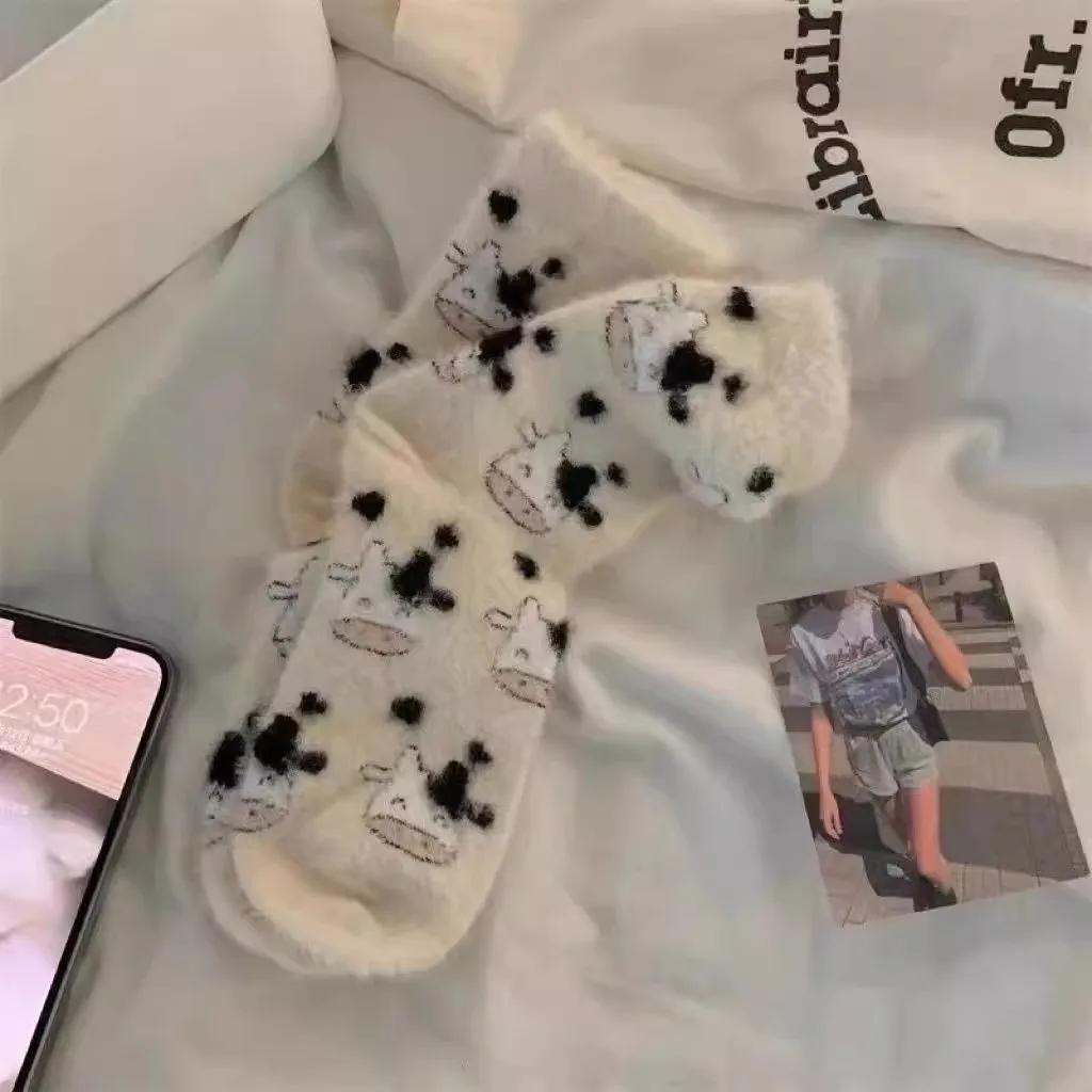 Cartoon Cute Cow Mink Velvet Socks Women Autumn Winter Soft Comfortable Mid Tube Sock Kawaii Plush Thermal Sleeping Floor Socks