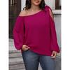 Plus Size Womens Off-Shoulder Long Sleeve Top With Bow Tie Lantern Sleeves Loose Fit Casual T-Shirt Daily Wear