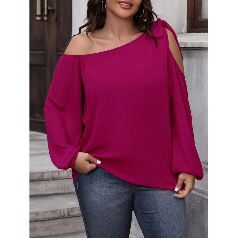 Plus Size Womens Off-Shoulder Long Sleeve Top With Bow Tie Lantern Sleeves Loose Fit Casual T-Shirt Daily Wear