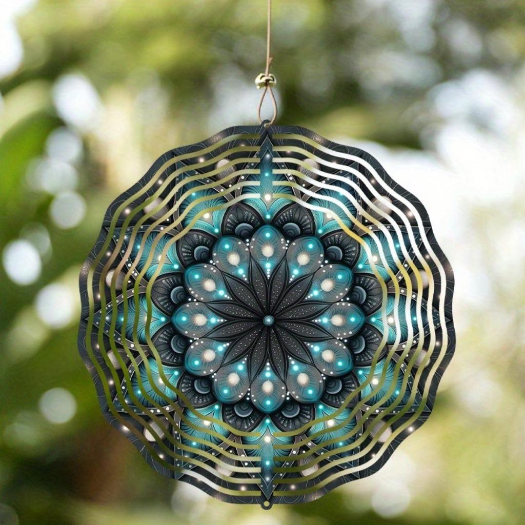Turquoise Black 10 Inch Mandala Flower Metal Wind Spinner for Garden Balcony Patio Yard Decor All Season Outdoor Gift with 360 Hanging Hook