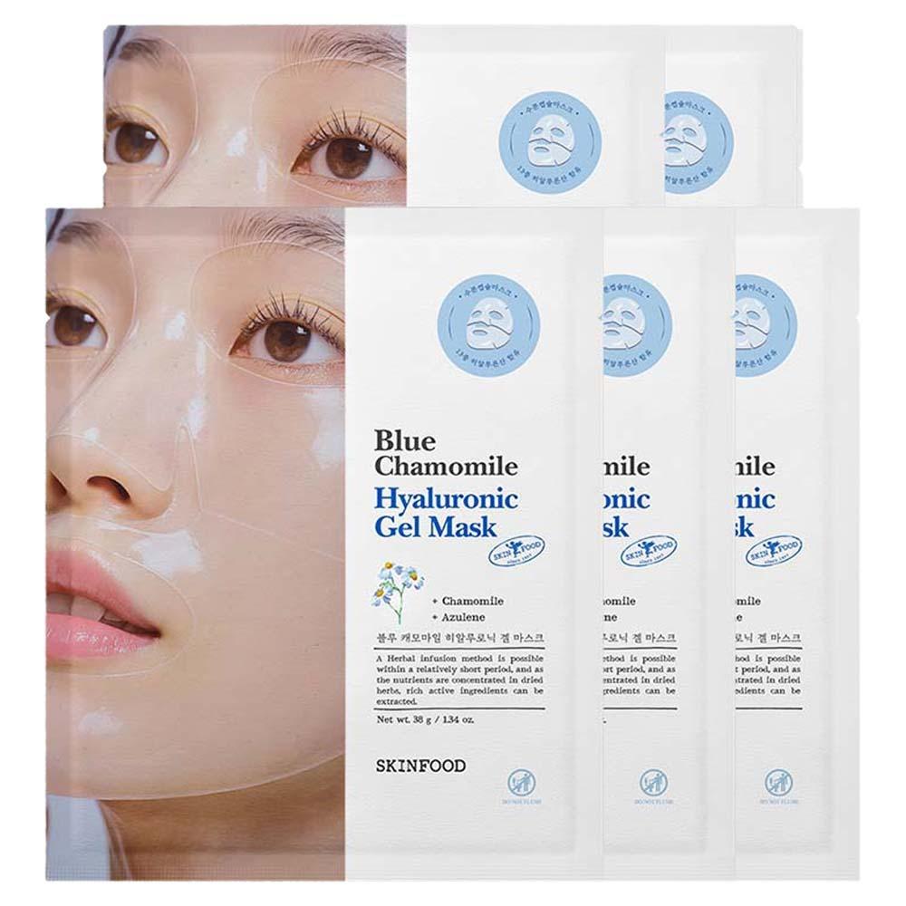 

SKINFOOD Blue Chamomile Hyaluronic Gel Mask 38g (5-Pack) - Intensive Cooling & 7-Layer Hydration Hydrogel Mask - Radiant Korean Skincare Bundle