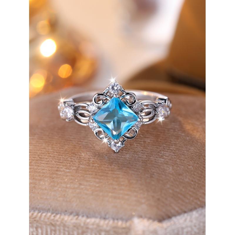 Fashion Commuter Palladium White K Square Sea Blue Micro-set White Diamond Ring no. 6