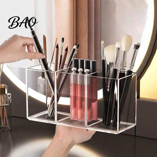 Versatile Cosmetic Tool Holder Transparent Acrylic Makeup Brush Organizer, Multi-Compartment Storage Bin, Modern Organized Vanity Accessories
