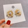 2025 Trendy Women's Earrings: Elegant Gold Sunflower Pearl Bead Retro Hong Kong Style Ear Studs