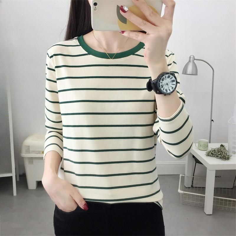 Plus Fat Plus Size Women's Loose Long-sleeved T-shirt Women's Autumn Cotton Striped Bottoming Shirt Top Clothes