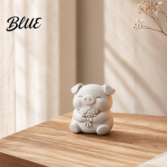 3D Printed Pig Sculpture Cute Figurine, Small Holding Flower Bouquet Hand-feel Delicate Statue, Collectible Animal Ornament for Home Kitchen