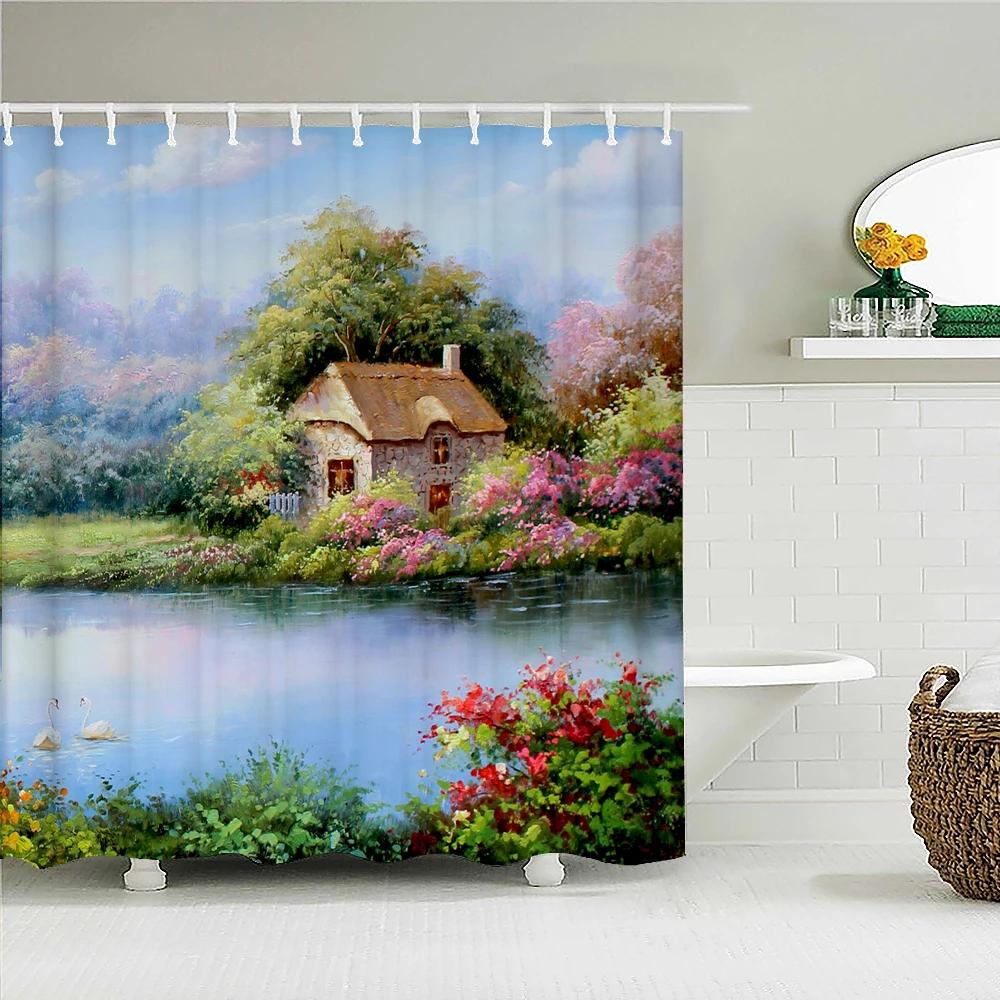 3D European town rural forest landscape printing bathroom waterproof shower curtain polyester curtain home decoration curtains