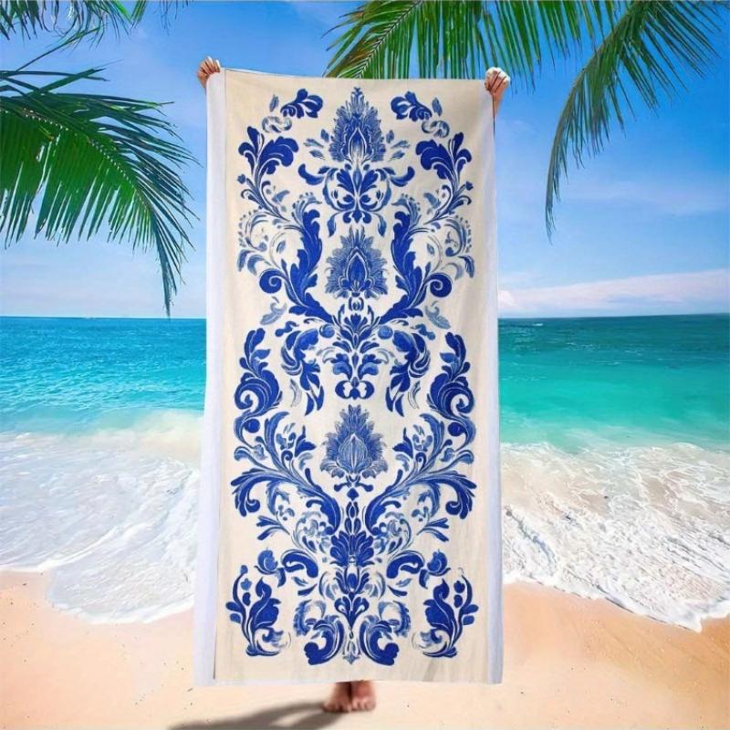 

1pc Exotic Microfiber Beach Scarf - Lightweight Quick-Dry Towel with Bohemian Blue Floral Patterns,Absorbent Poolside & Vacation W40*H60(CM)