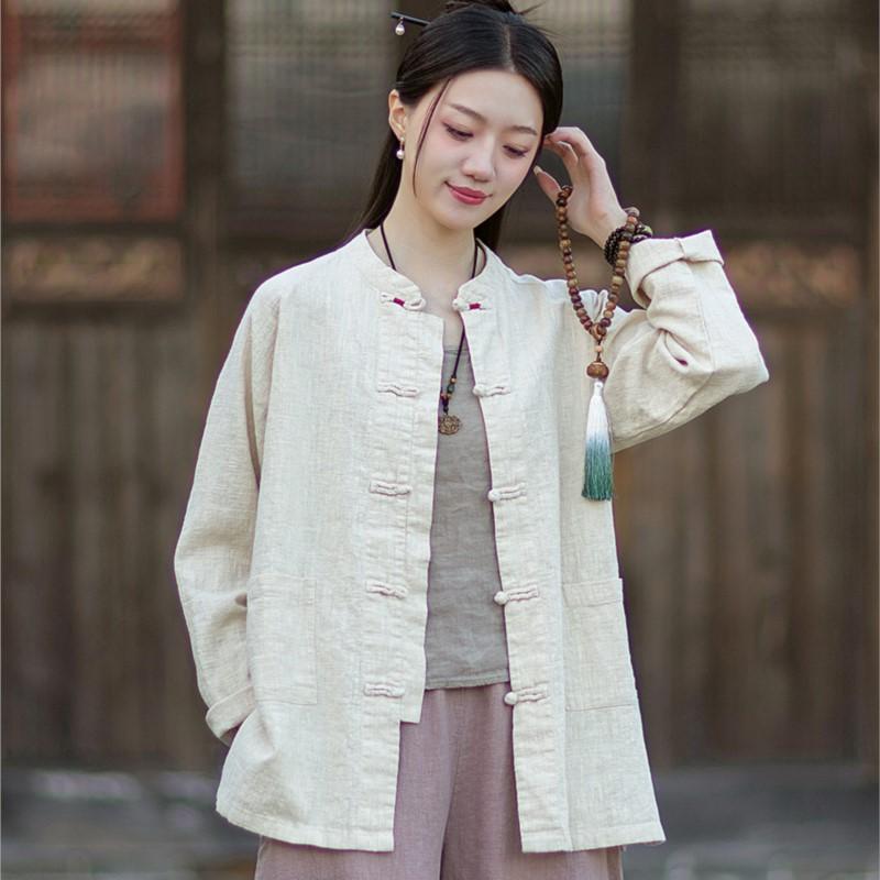 Johnature Women Vintage Shirts Stand Long Sleeve Tops Spring Chinese Style Solid Color Button Pockets Shirts