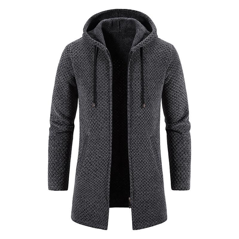 Men's Sweater Winter Mid Length Jacket Thickened and Plush Hooded Knitted Cardigan Loose Fit