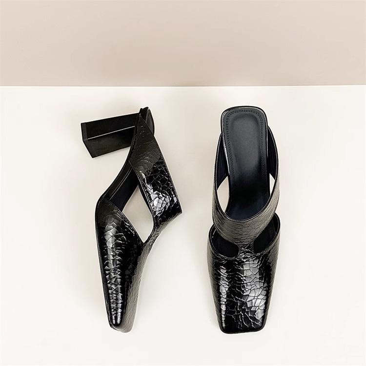 Fashion Summer New Pumps Women's Sandals Outside Natural Leather Cracked Slippers Female Fashion Square Toe Mules High Heel Slides Shoes