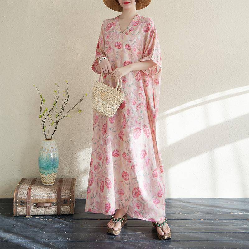 

Dimanaf 2025 Женское Платье Большого Размера Весна Лето Повседневное Платье Базовое Винтажное Свободное Хлопковое Льняное Цветочное Макси One Size розовый