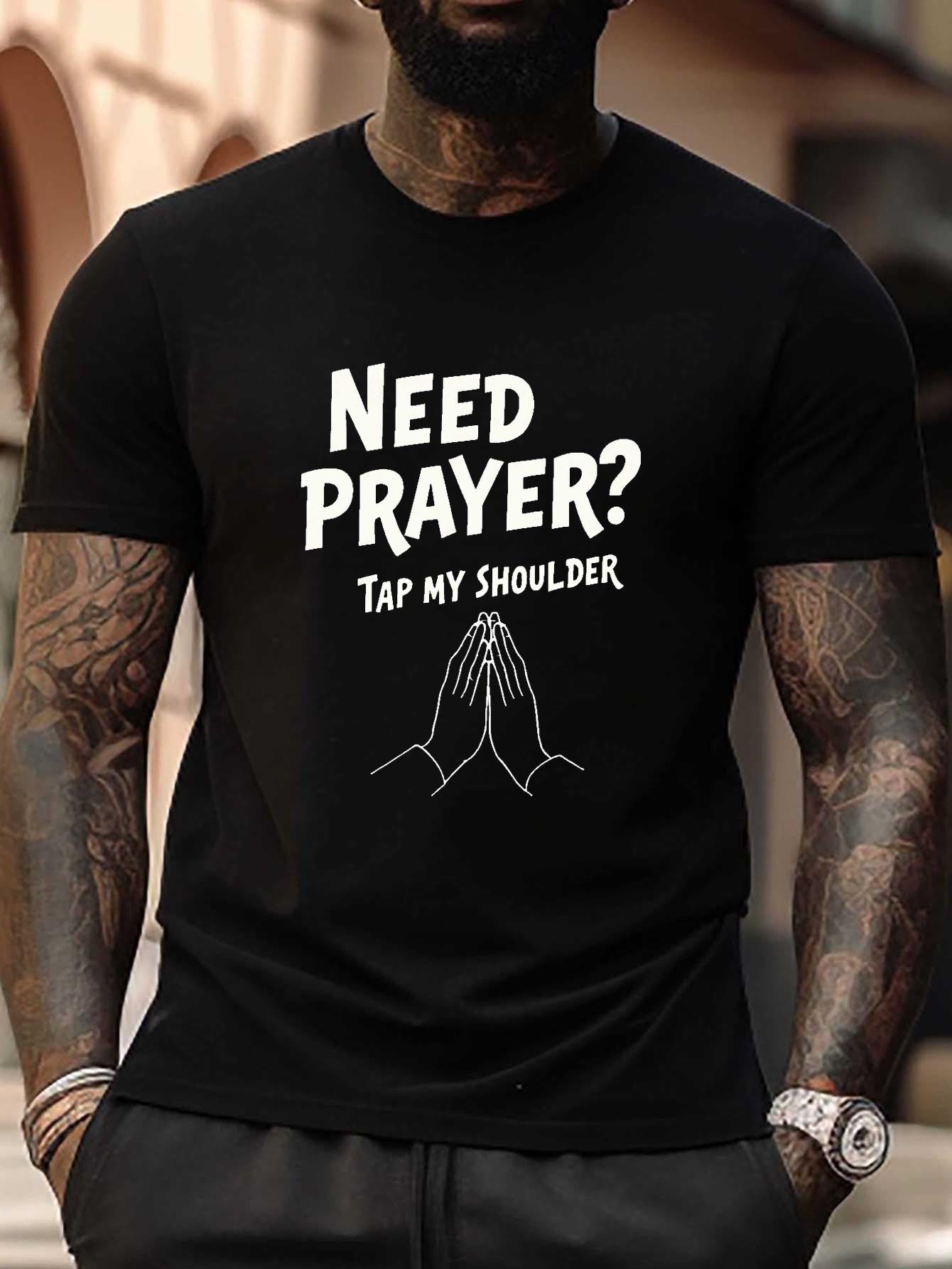 

Plus Size Need Prayer Tap My Shoulder Graphic T-shirt - Black Casual Tee with White Hands & Prayer Design L
