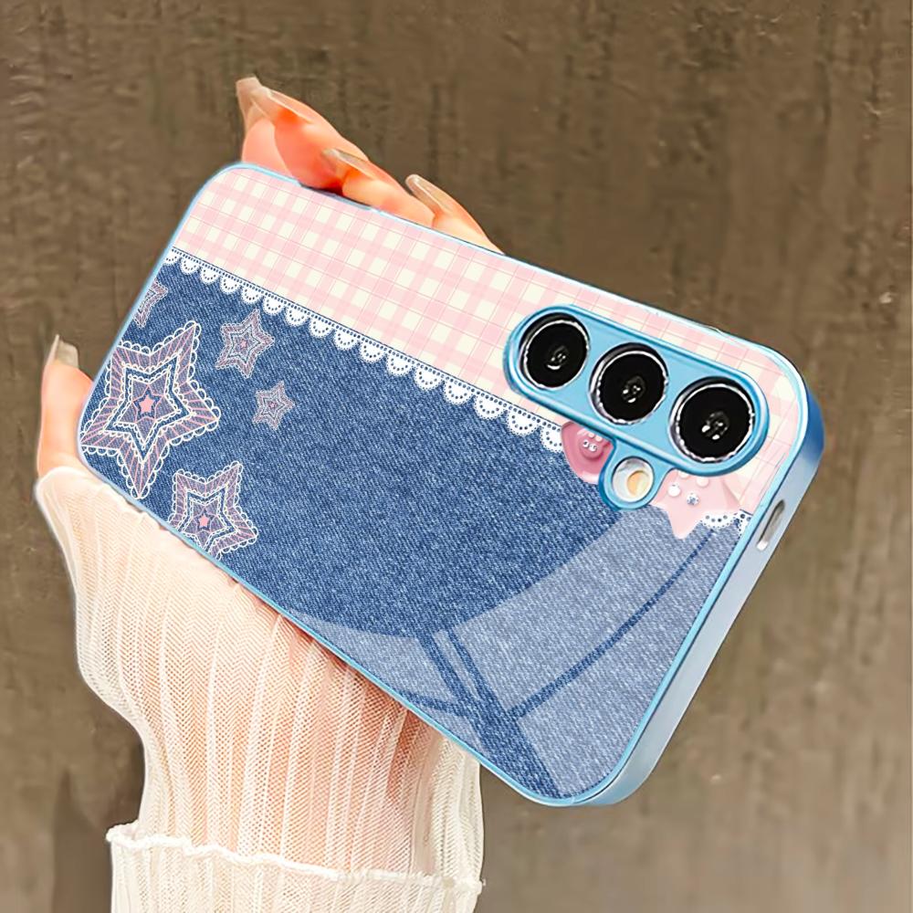 Pink and blue stars PhoneCase for Samsung Galaxy S26 S25 S24 S23 S22 FE Ultra Plus Built-in glass feel bare machine Men women